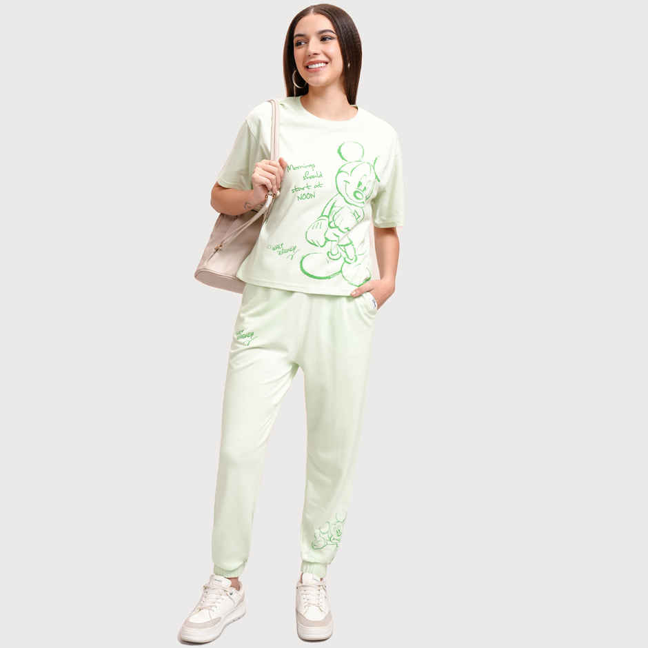 Tokyo Talkies Women's Disney Mickey Mouse Printed Sleepwear Co-Ord Set | Green - L