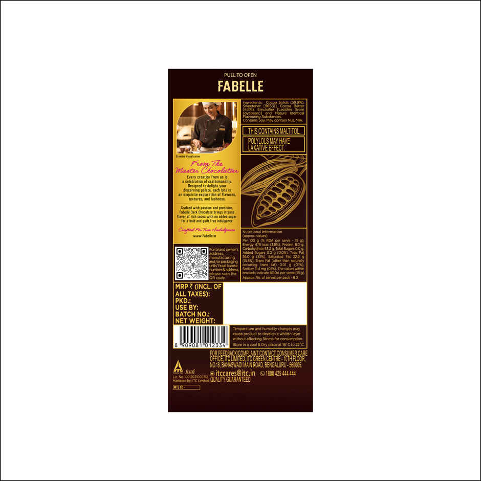 Fabelle No Added Sugar Dark Chocolate | 64% Dark Intense Rich Cocoa | No Added Sugar