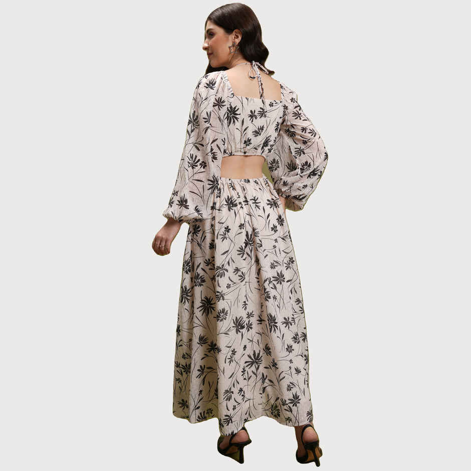 Tokyo Talkies Women's Floral Printed Tie Up Neck Puff Sleeve Cut Out Maxi Dress | Off White - XL
