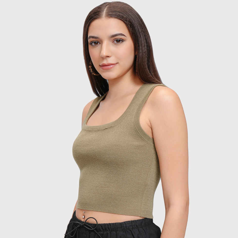 Tokyo Talkies Women's Dried Herb Square Neck Crop Tank Sweater | Beige - XL