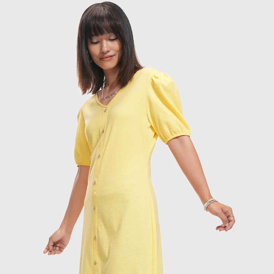 Tokyo Talkies Women's Textured A-Line Knitted Mini Dress | Yellow - XL
