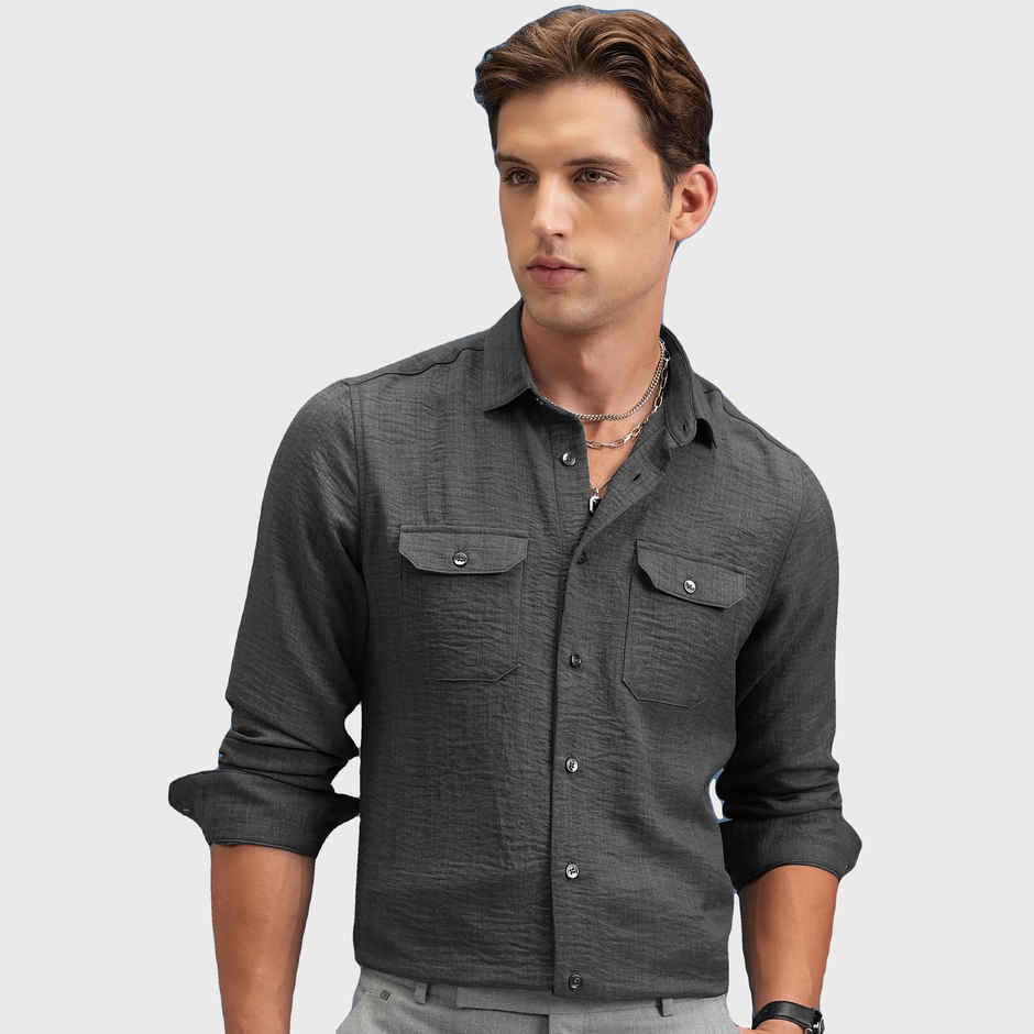 Locomotive Men's Linen Solid Utility Pocket Shirt | Dark Grey - S
