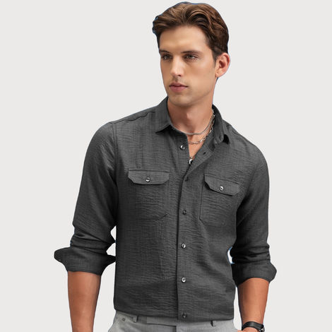 Locomotive Men's Linen Solid Utility Pocket Shirt | Dark Grey - S