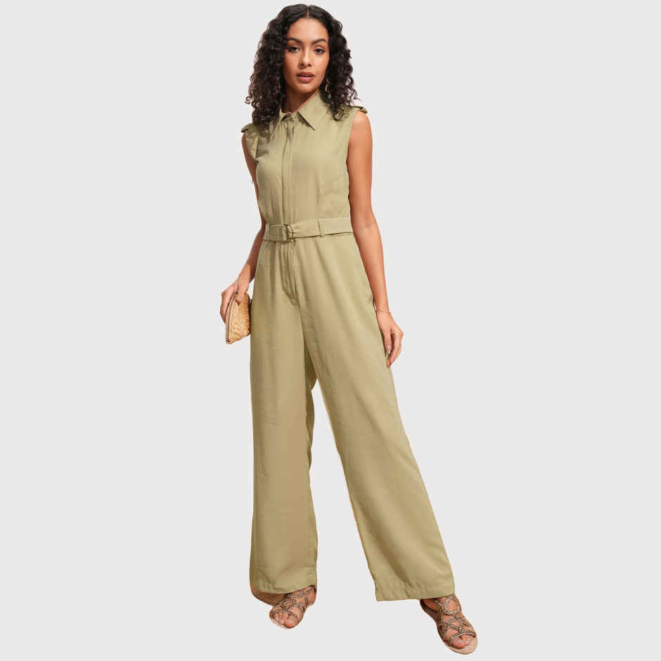 Tokyo Talkies Women's Solid Sleeveless Regualr Fit Jumpsuit | Beige - L