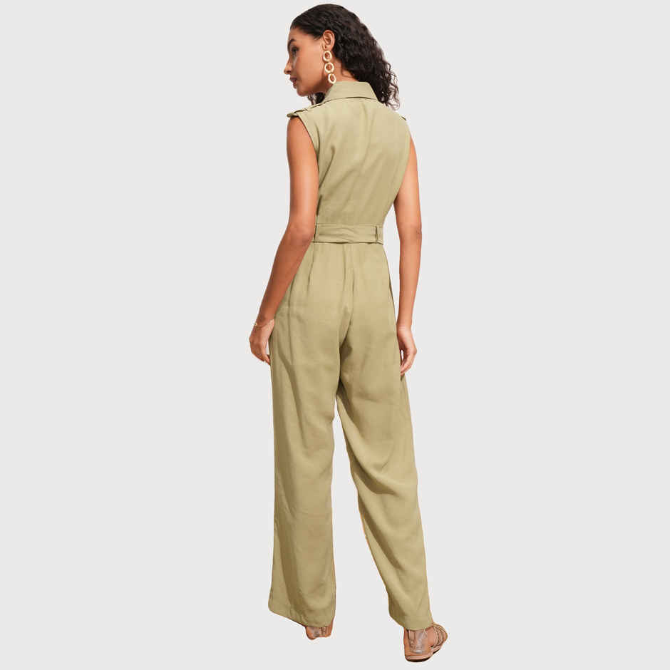 Tokyo Talkies Women's Solid Sleeveless Regualr Fit Jumpsuit | Beige - L