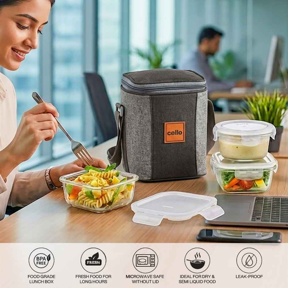 Cello Glassy Mix Lunch Box | Microwavable Borosilicate Glass | 2 x 320 ml and 240 ml | Clear