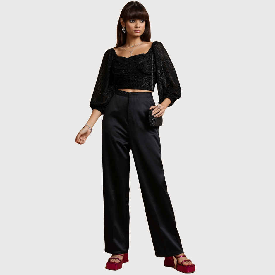 Tokyo Talkies Women's Sweetheart Neckline Ruched Puff Sleeves Crop Top | Black - S