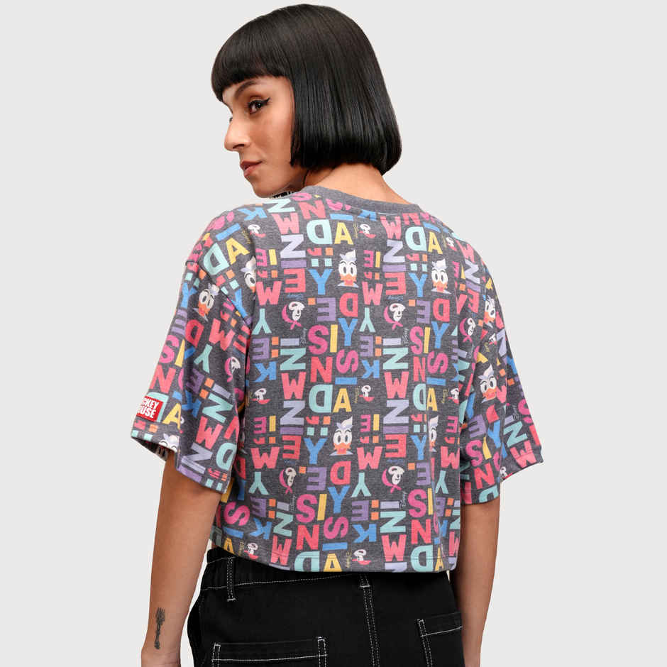 Tokyo Talkies Women's Disney Mickey & Friends Print Boxy Crop T-shirt | Black - M