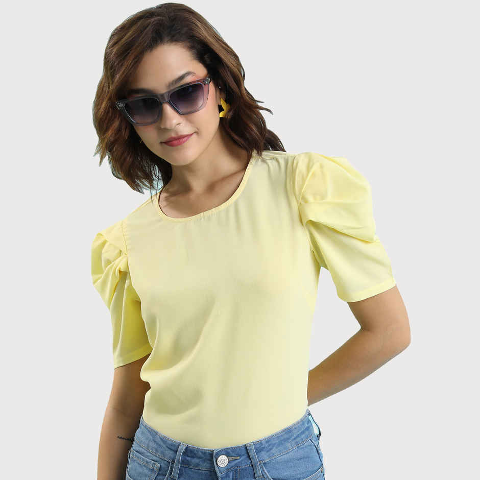 Tokyo Talkies Women's Round Neck Puff Sleeves Top | Yellow - M