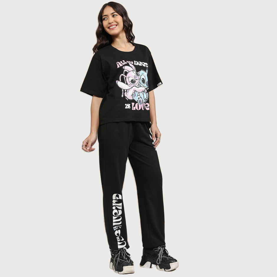 Tokyo Talkies Women's Disney Stitch T-shirt with Jogger Co-Ords | Black - S