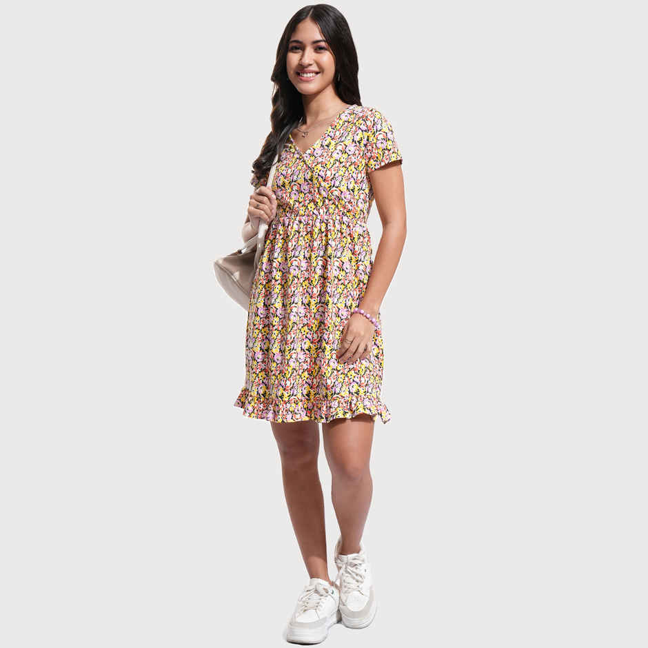 Tokyo Talkies Women's Fit & Flare V Neck Mini Rib Dress | Multicolour - M