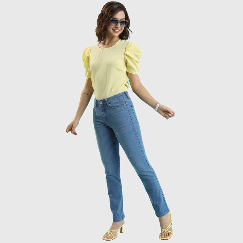 Tokyo Talkies Women's Round Neck Puff Sleeves Top | Multicolour - S