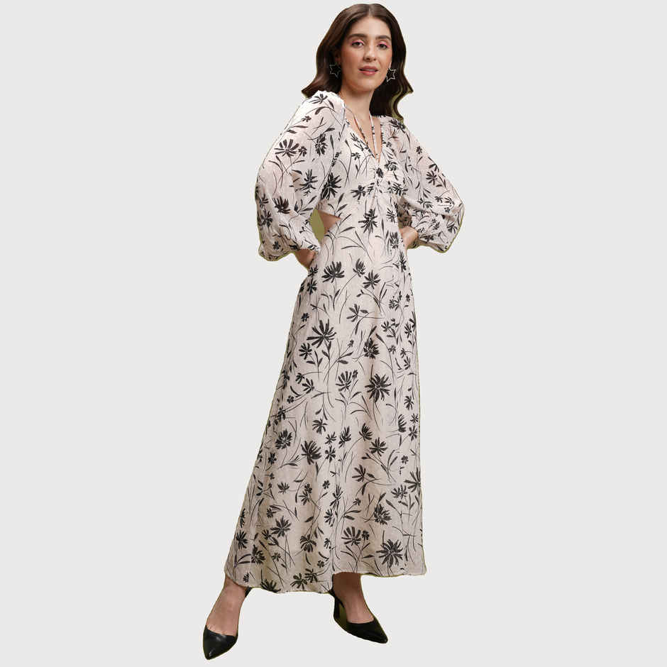 Tokyo Talkies Women's Off Floral Printed Tie Up Neck Puff Sleeve Cut Out Maxi Dress | White - M