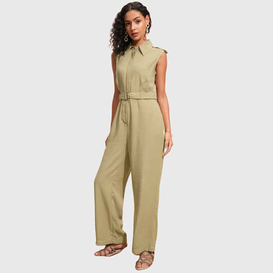 Tokyo Talkies Women's Solid Sleeveless Regualr Fit Jumpsuit | Beige - L