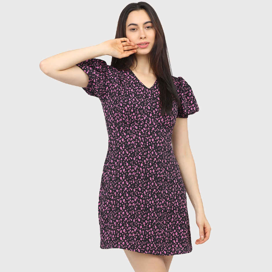 Tokyo Talkies Women's Floral A-Line Mini Dress | Black & Pink - M