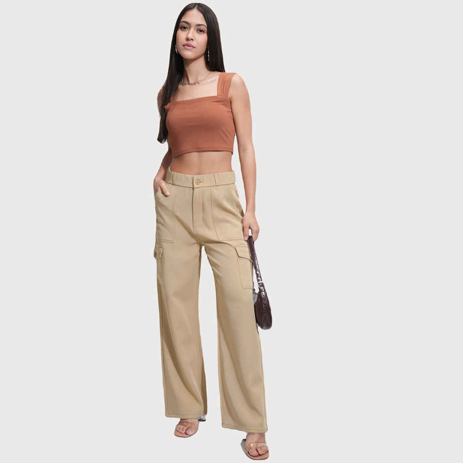 Tokyo Talkies Women's High Rise Straight Fit Cargo Trouser | Khaki - M