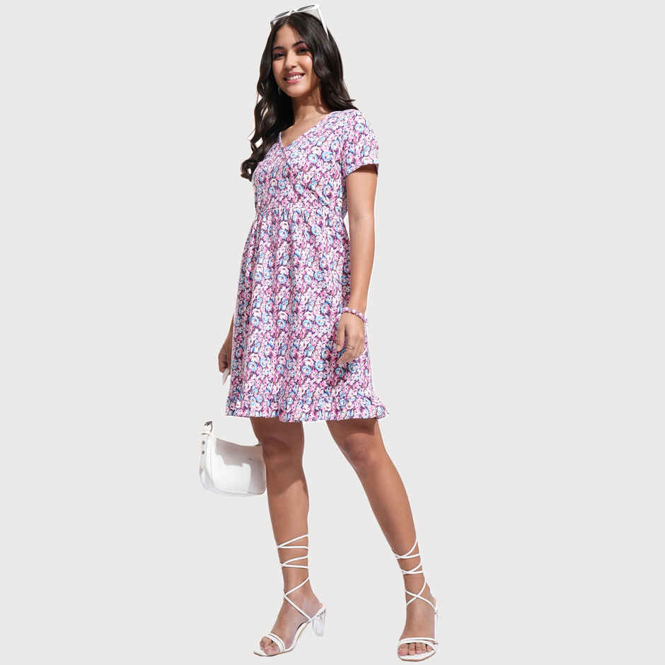 Tokyo Talkies Women's Fit & Flare V Neck Mini Rib Dress | Multicolour - S