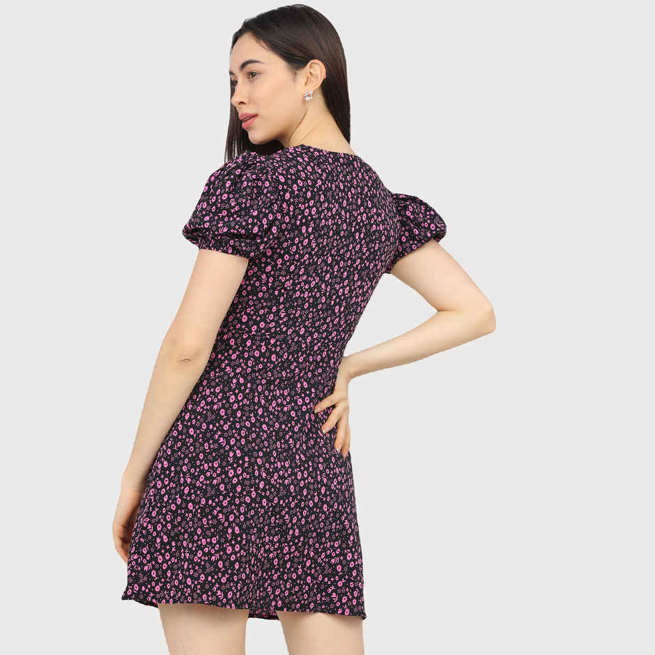 Tokyo Talkies Women's Floral A-Line Mini Dress | Black & Pink - M