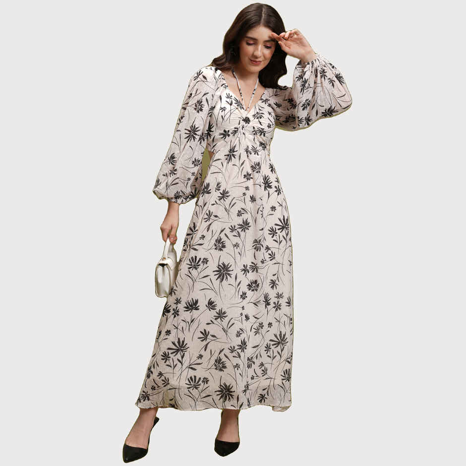 Tokyo Talkies Women's Off Floral Printed Tie Up Neck Puff Sleeve Cut Out Maxi Dress | White - M