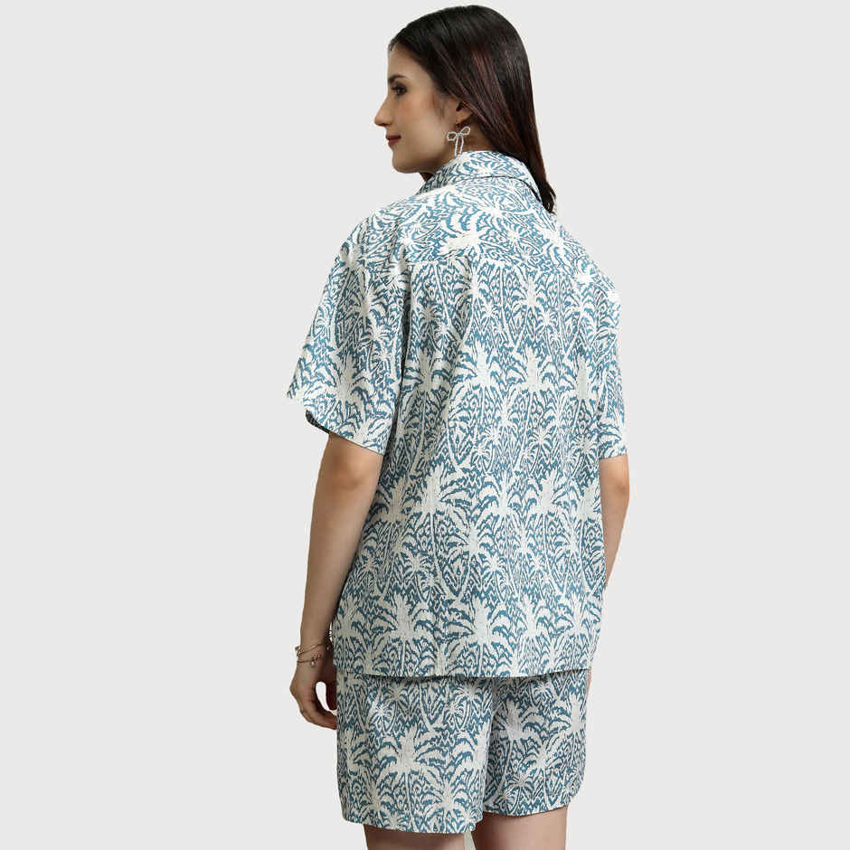 Tokyo Talkies Women's Printed Shirt and Shorts Co-Ord Set | Blue - L