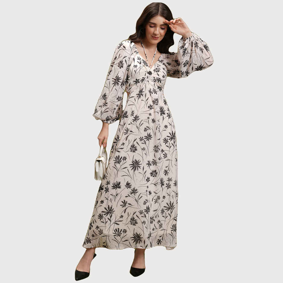 Tokyo Talkies Women's Floral Printed Tie Up Neck Puff Sleeve Cut Out Maxi Dress | Off White - XL