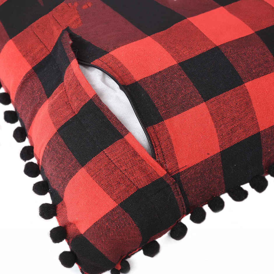 Lushomes Cotton Cushion Covers - Red Black Checks | Pom Pom | 20 x 20 inch