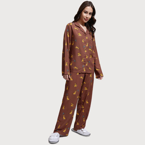 Tokyo Talkies Women's Disney Lion King Printed Sleepwear Co-Ord Set | Brown - M