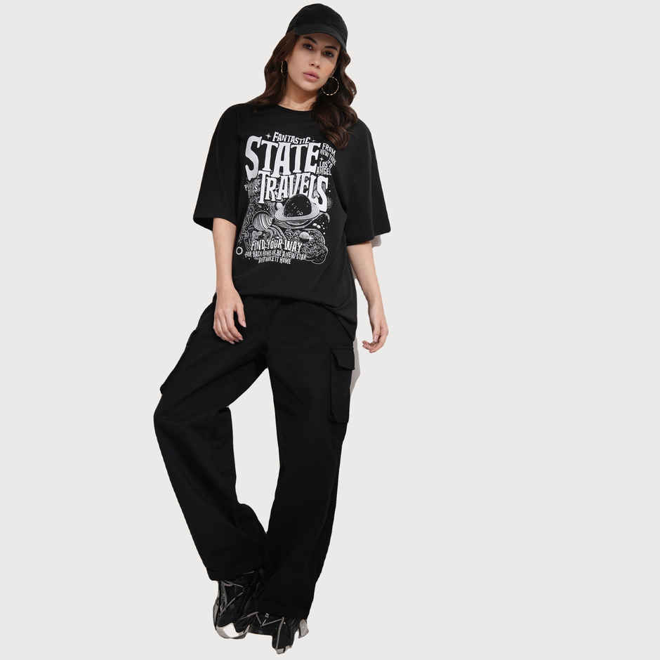 Tokyo Talkies Women's Cargo Wide Leg With Back Elastic Waist Band | Black - L