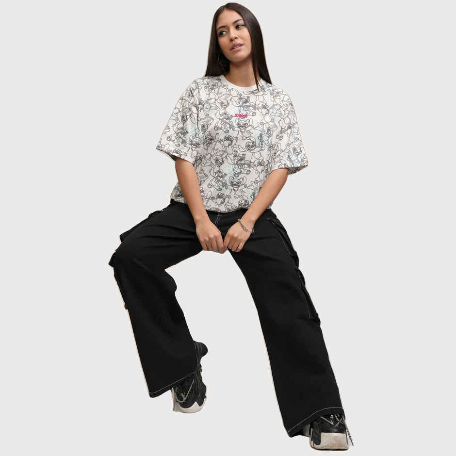 Tokyo Talkies Women's Disney Stitch Embroidered Relaxed Fit T-shirt | White - L