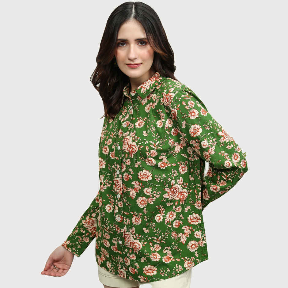 Tokyo Talkies Women's Floral Printed Button Down Shirt | Green - S
