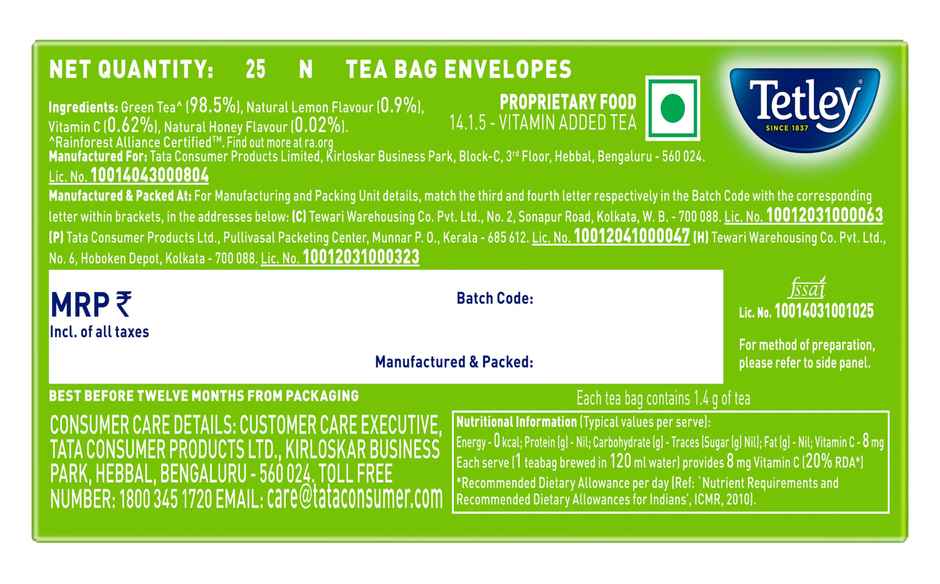 Tetley Lemon And Honey Green Tea