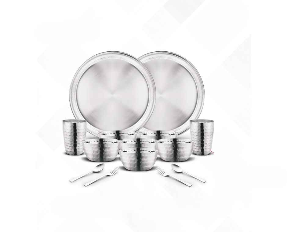 Classic Essentials Heavy Gauge Stainless Steel Hammered Design 14 Pcs Dinner Set Serve for 2