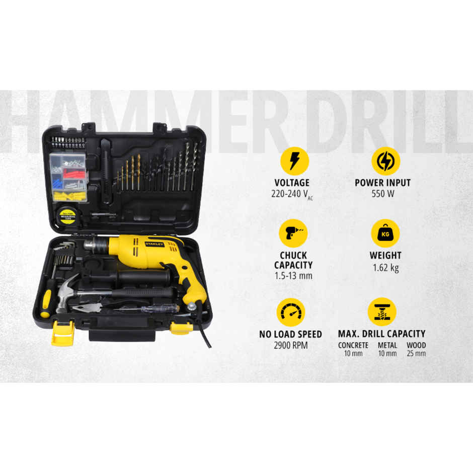 STANLEY SDH550KPA-IN 550W 13mm Corded Single Speed Hammer Drill Machine and Hand Tool Kit - 120 Pcs.