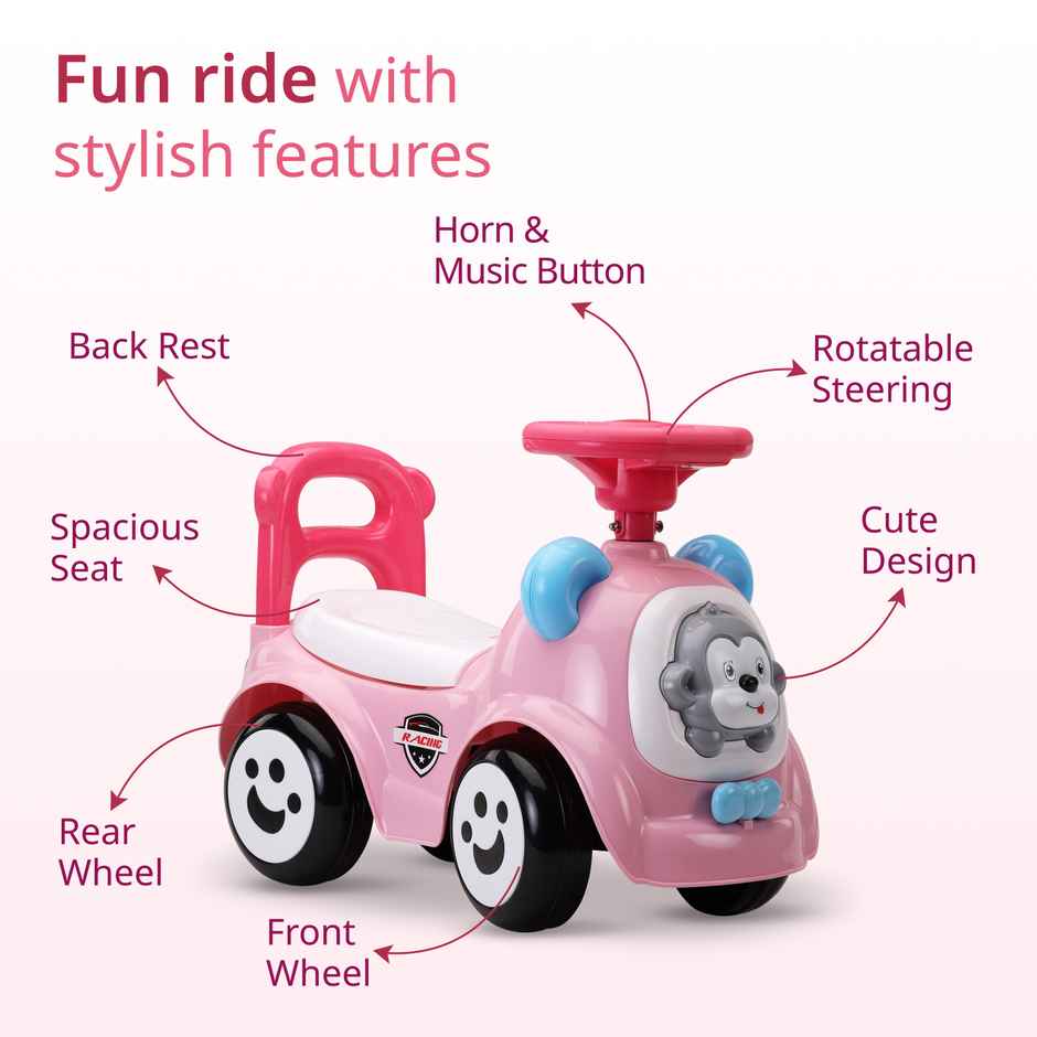 LuvLap Sunny Ride On Car with Music Horn Push Handle Backrest Guard Pink for Kids 1-3 Years