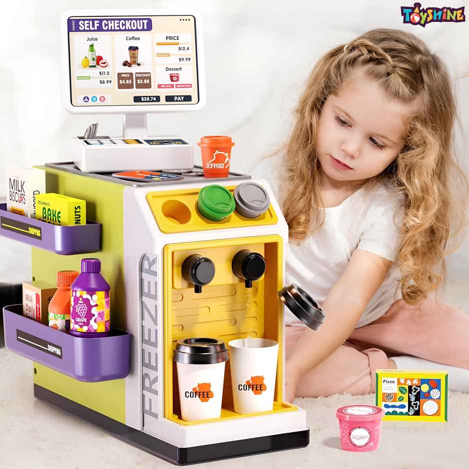 Toyshine Supermarket Cash Register Playset with Calculator Scanner & Play Food | 46 Pcs | 3+ years