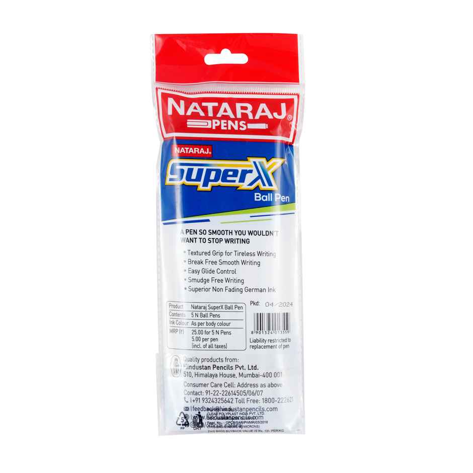 Nataraj Superx Ball Pen, smooth writing, long writing & comfortable grip Blue - Pack of 5