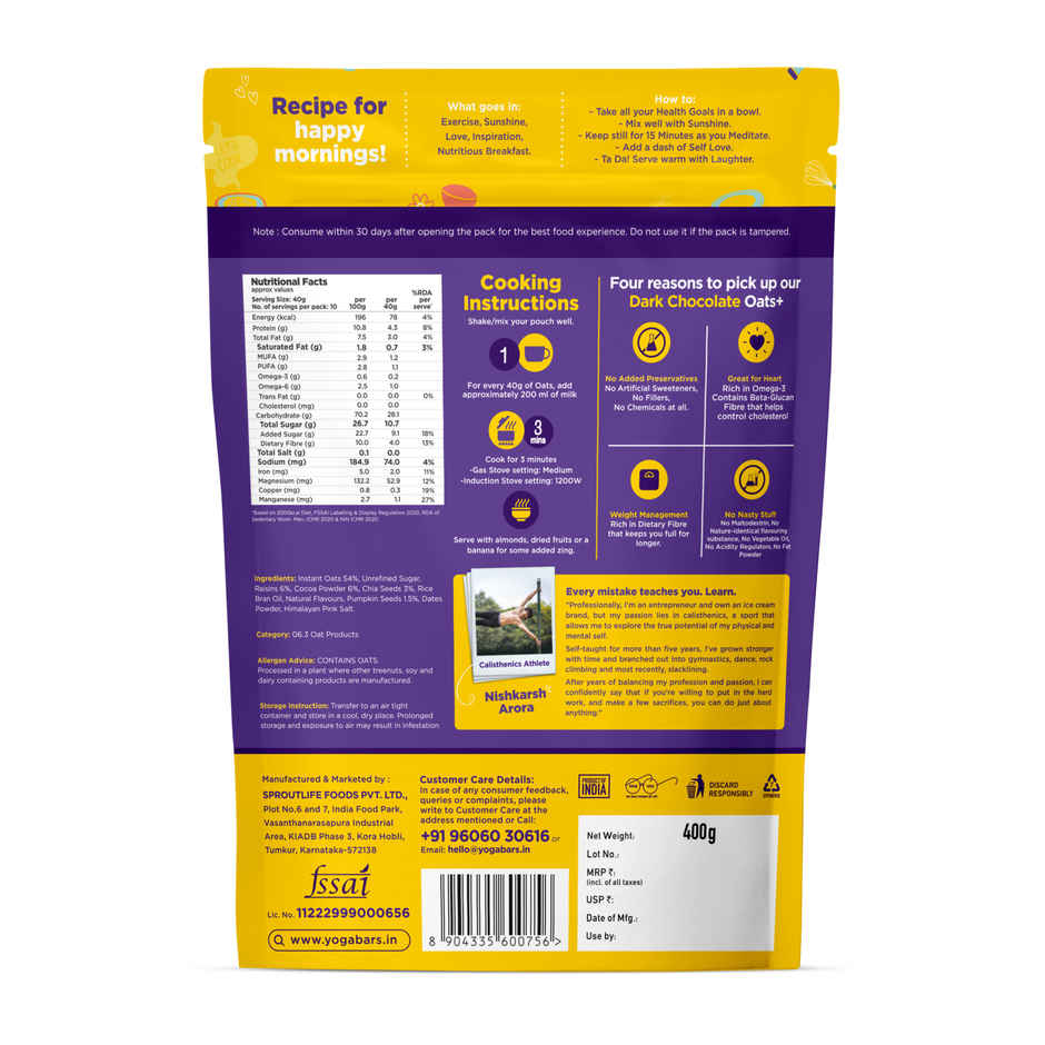 Yogabar Dark Chocolate Oatmeal 400g Breakfast Cereal Gluten Free Oats High in Protein & Gluten-Free