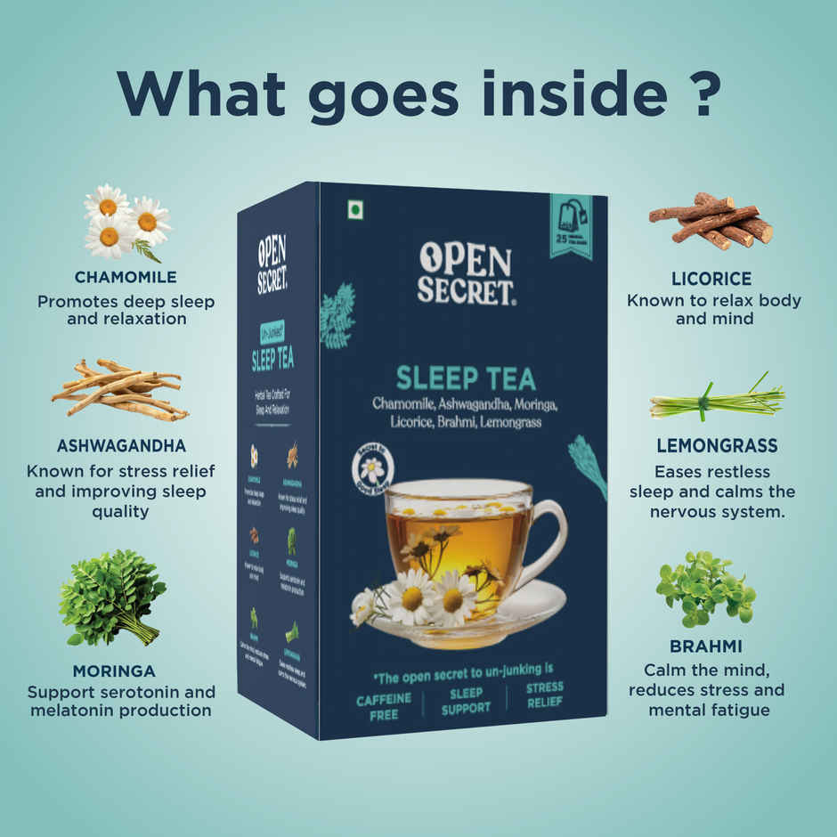 Open Secret Herbal Sleep Tea 25 bags - Chamomile Ashwagandha Moringa for Stress Relief weight loss