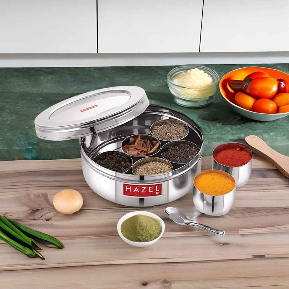 Hazel Stainless Steel Masala Dabba, See-Through Spice Box With 7 Wati & Spoon