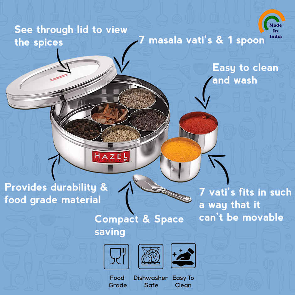Hazel Stainless Steel Masala Dabba, See-Through Spice Box With 7 Wati & Spoon