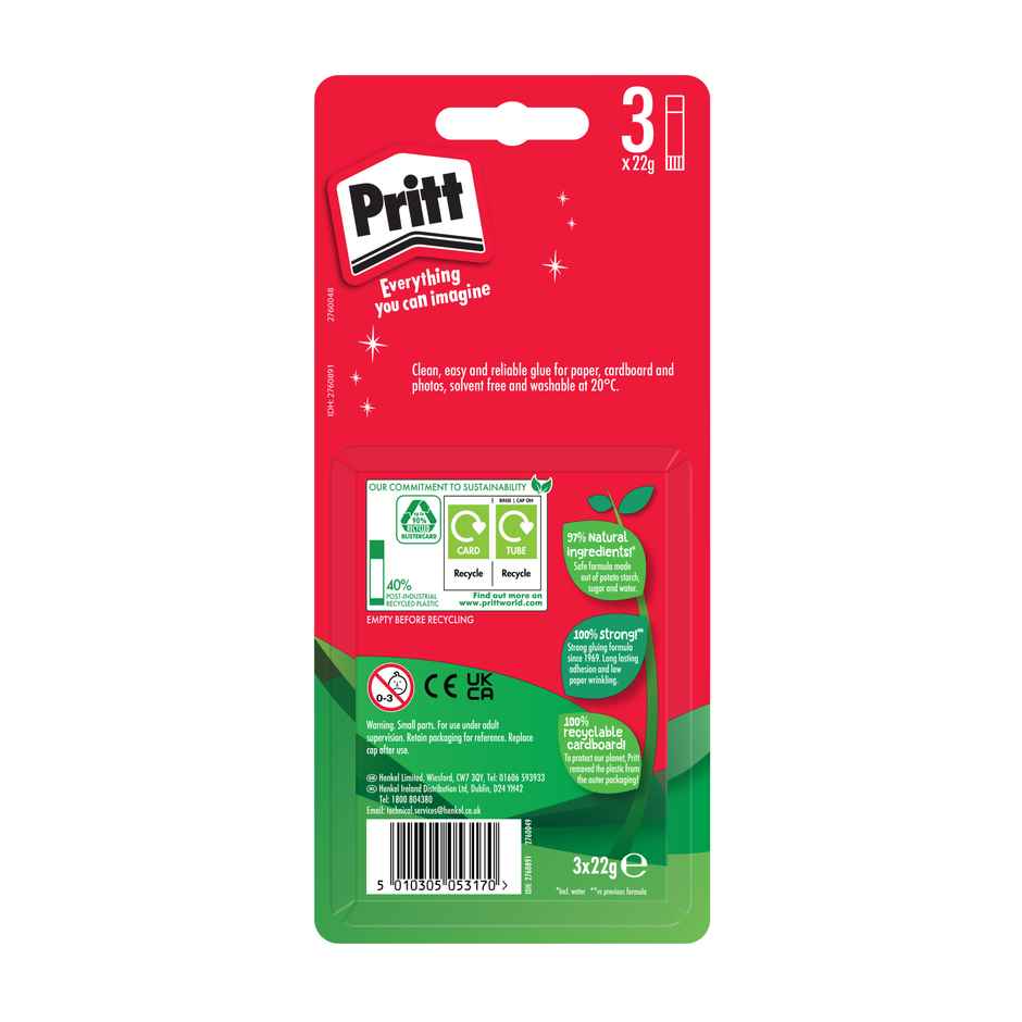 Pritt Glue Stick | Safe & Child-Friendly | Ideal For School&Oiffice | Clear Glue - Pack Of 3