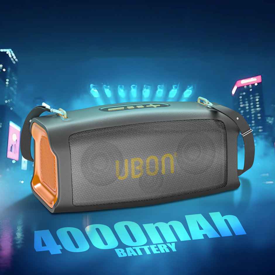 UBON 30 Watt Wireless Party Speaker (SP-85) with 20 Hours Long Playtime | 4000 mAh Battery, Surround Sound, Multple Connectivity - TF Card, BTV5.3, Aux, Built in FM Radio - Black & Orange