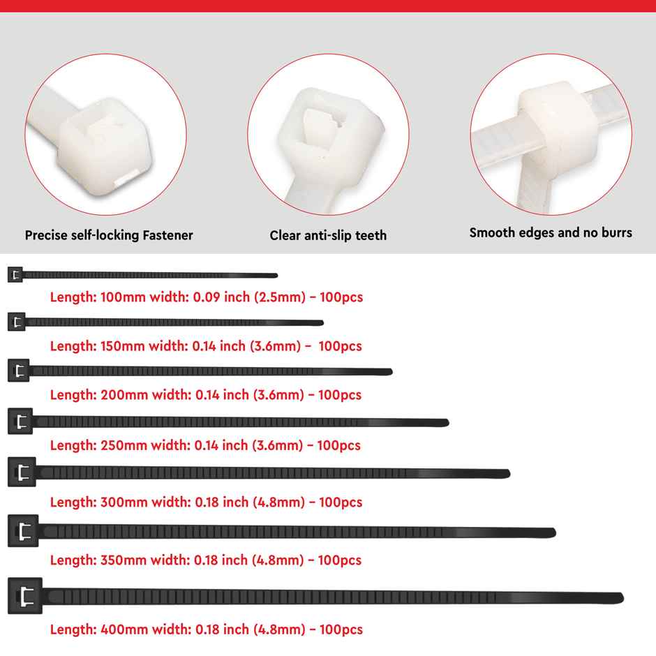 Robustt Cableties - 100 mm x 2.5 mm | White | 100 Pcs