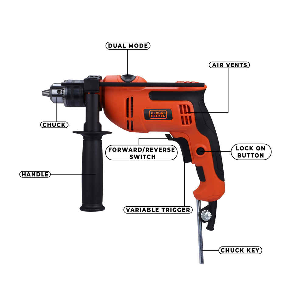 BLACK+DECKER BED550-IN 550 W, 13mm Corded Variable Speed Ergonomic Reversible Hammer Drill, Orange