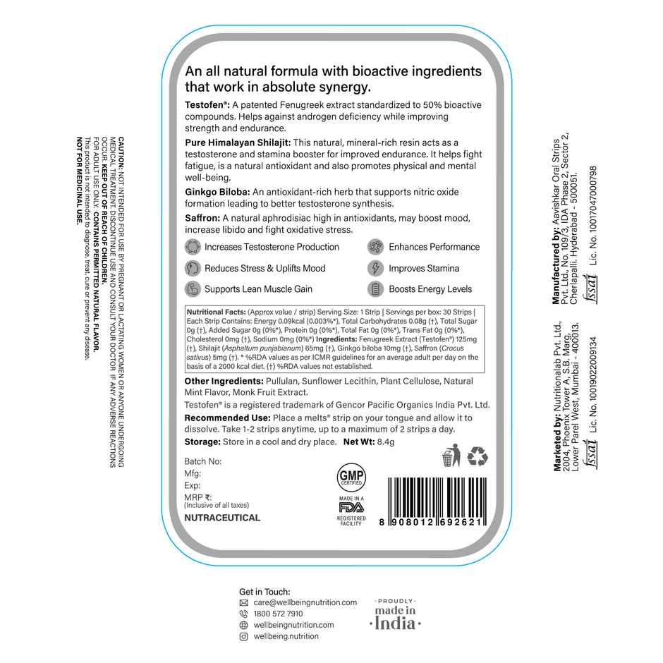 Wellbeing Nutrition Melts Testo Power Testofen, Himalayan Shilajit, Ginkgo Biloba (30 Oral strips)