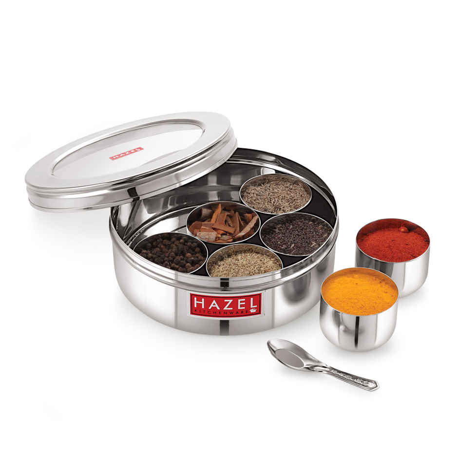 Hazel Stainless Steel Masala Dabba, See-Through Spice Box With 7 Wati & Spoon