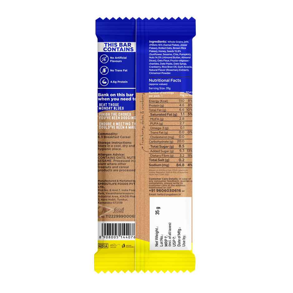 Yogabar Multigrain Energy Bars , Nuts and Seeds 35g - with Nuts,Oats,Millets, Gluten Free,Granola Bar Combo