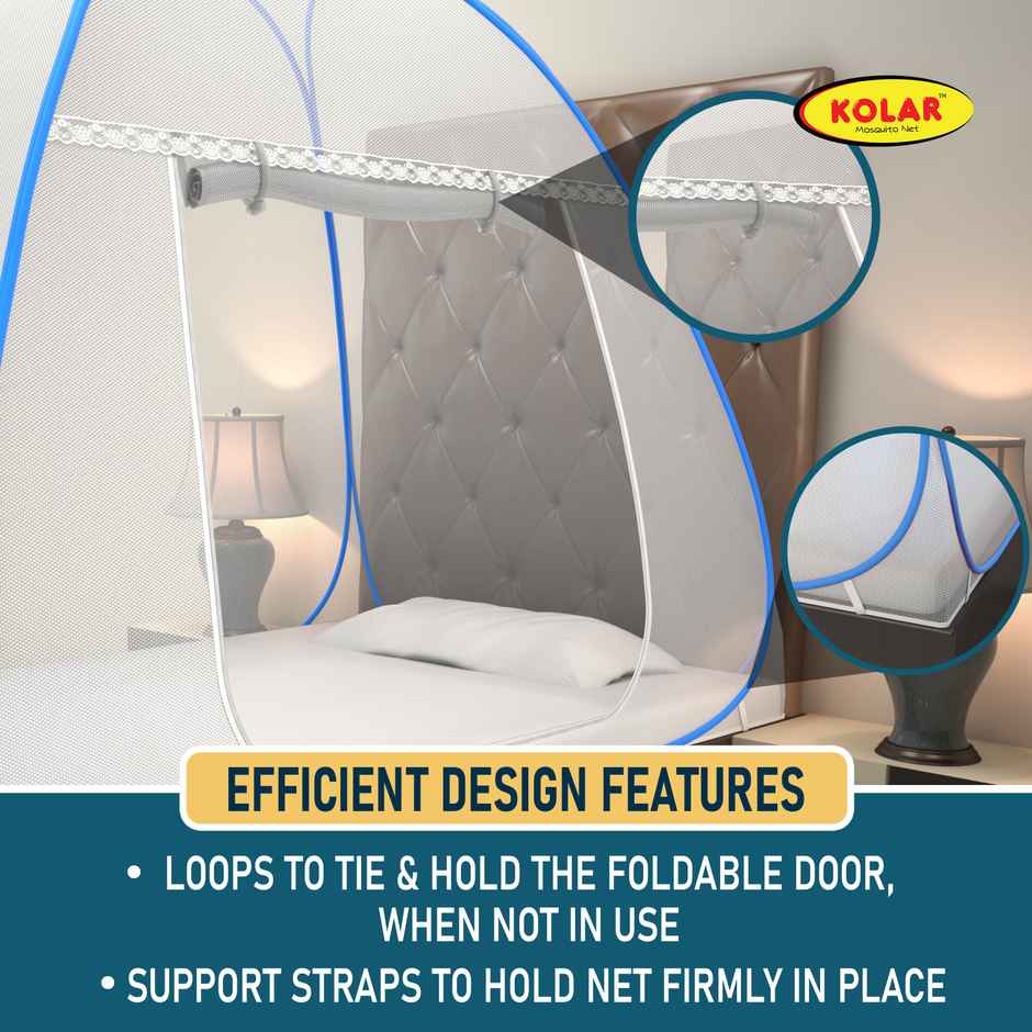 Kolar Foldable Mosquito Net For Single Bed | WHite & Blue - 6.5 x 4 ft
