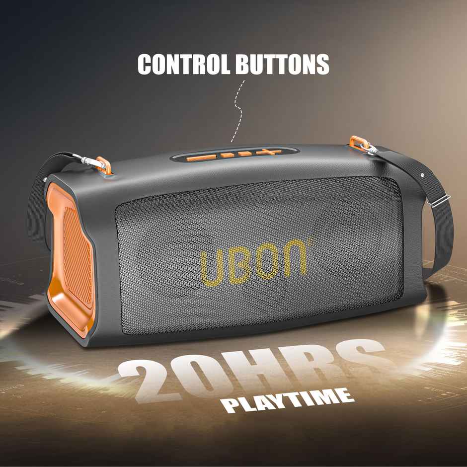 UBON 30 Watt Wireless Party Speaker (SP-85) with 20 Hours Long Playtime | 4000 mAh Battery, Surround Sound, Multple Connectivity - TF Card, BTV5.3, Aux, Built in FM Radio - Black & Orange