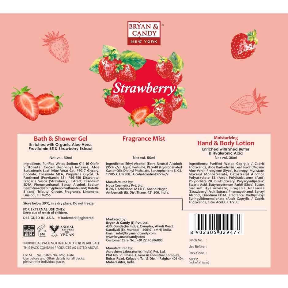 Bryan & Candy Strawberry Bath Kit|Shower Gel|Fragrance Mist|Hand-Body Lotion|Pack Of 3